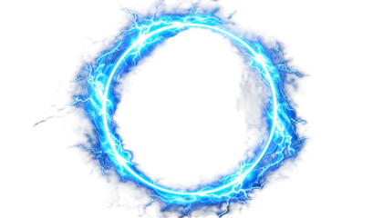 Circular blue electric portal frame, lightning thunder ring with glowing energy bolts transparent isolated PNG cut out