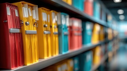 A colorful row of file folders neatly arranged on a shelf, showcasing an organized workspace with vibrant hues.