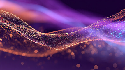 Abstract gradient particle waves seamlessly flowing with soft purple light and bokeh. Orange and blue digital waves. Technology, engineering, science, and artificial intelligence background