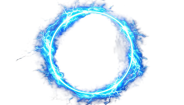 Circular blue electric portal frame, lightning thunder ring with glowing energy bolts transparent isolated PNG cut out
