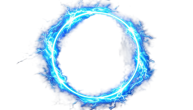 Circular blue electric portal frame, lightning thunder ring with glowing energy bolts transparent isolated PNG cut out