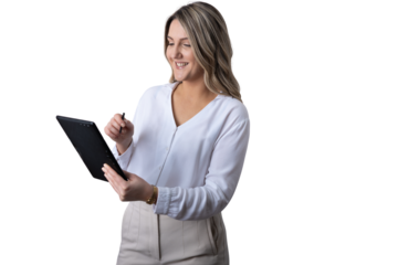 Businesswoman writing on digital tablet with stylus smiling