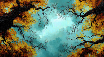 Autumn tree branches with yellow leaves against a blue sky background