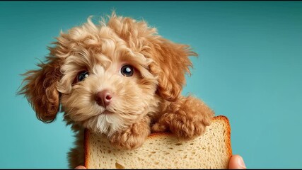 Adorable fluffy puppy with slice of bread against turquoise background in humorous and cute concept
