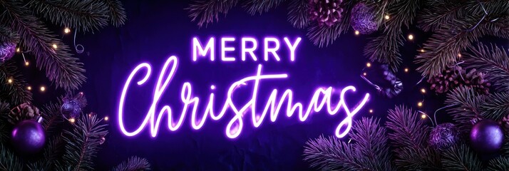 Merry christmas neon sign with glowing purple text and festive tree branches