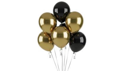 Gold and dark balloons with strings, on a transparent background, PNG file