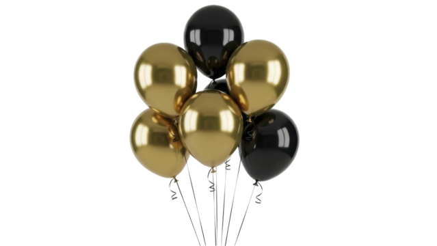 Gold and dark balloons with strings, on a transparent background, PNG file