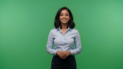 A smiling woman stands confidently in front of a solid green background in a studio setting, facing the camera directly, looking professional