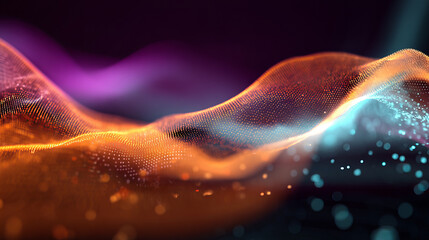 Abstract gradient particle waves seamlessly flowing with soft purple light and bokeh. Orange and blue digital waves. Technology, engineering, science, and artificial intelligence background