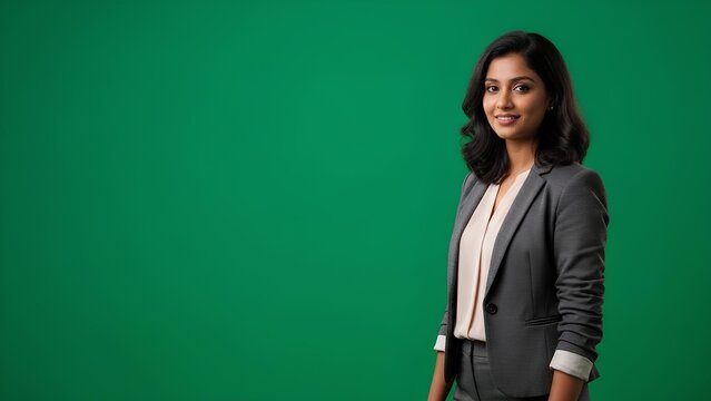 Confident Indian Businesswoman in a Suit Standing Against a Green Screen Background - Powered by Adobe