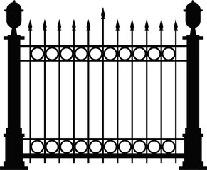 A simple black and white illustration of an ornate metal gate with decorative posts and pointed pickets.Black wrought iron fence with pointed finials and decorative scrolls white metal.
