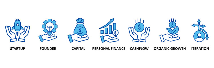 Bootstrapping banner web icon set In Blue Style vector illustration foricon of startup, founder, capital, personal finance, cashflow, organic growth, and iteration