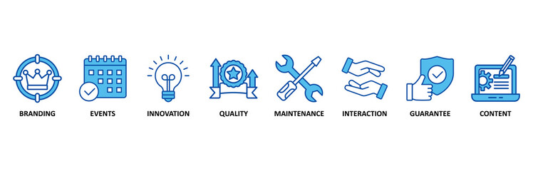 Customer engagement banner web icon set In Blue Style vector illustration foricon of branding, events, innovation, quality, maintenance, interaction, guarantee, content