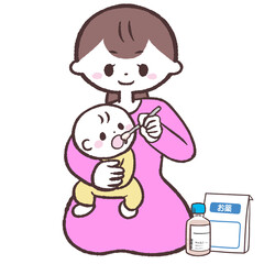 赤ちゃんに薬を飲ませる女性のイラスト