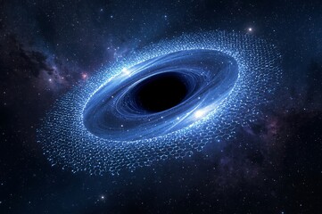 A visually stunning depiction of a supermassive black hole with a brilliant blue accretion disk in deep space