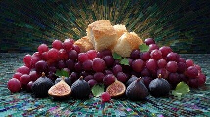 A still life arrangement featuring grapes, figs, and bread on a mosaic surface. The composition is lit with a soft, artistic glow.