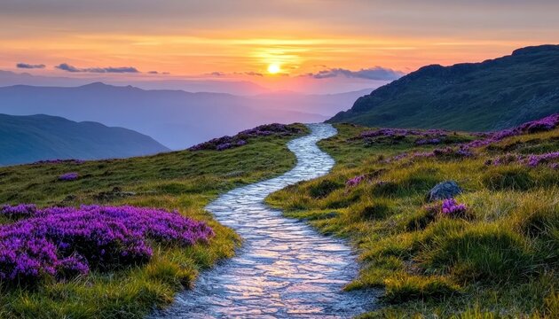 A stone path winds through a field of purple flowers, leading towards a beautiful sunset over distant mountains.