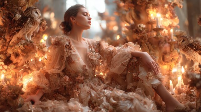 Woman surrounded by flowers and candles, exuding calm and serenity in a magical setting
