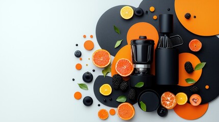 A modern and minimalist composition featuring a juicer and various fruits such as oranges, grapefruits, and blackberries, arranged on a white background with bl