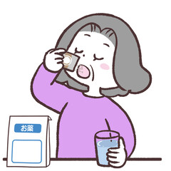 粉薬を飲むシニア女性のイラスト