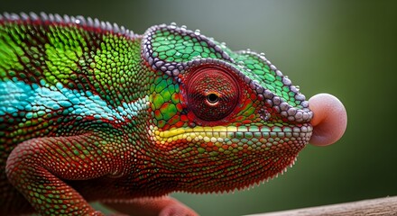 Vibrant chameleon with colorful scales extends its tongue, capturing prey in a detailed close-up.