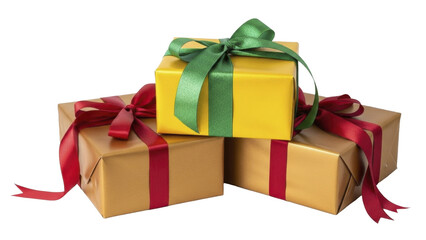 Christmas presents stack gold yellow red green ribbons transparent PNG image