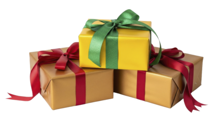 Christmas presents stack gold yellow red green ribbons transparent PNG image