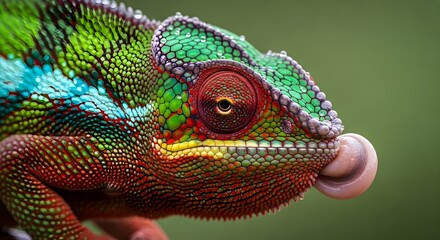 Fototapeta premium Vibrant chameleon with colorful scales catches prey with its long tongue, showcasing intricate detail and nature's artistry.