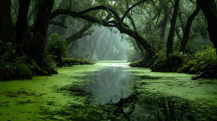 Naklejka premium Mysterious swamp landscape featuring cypress trees with large roots and water covered in bright green algae under a thick foggy atmosphere.