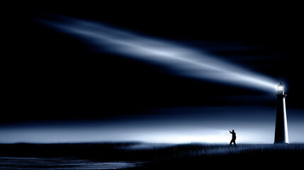 keeper. A lighthouse keeper inspecting the beacon at night. mobility guides, transit brochures, designed for mobility and urban transit guides, used by marketing managers.