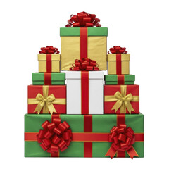 Fototapeta premium Stacked red green and gold Christmas gift boxes with bows, on a transparent background, PNG image