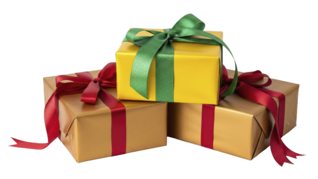 Christmas presents stack gold yellow red green ribbons transparent PNG image