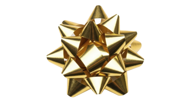 Golden metallic gift bow decoration on a transparent background, PNG image