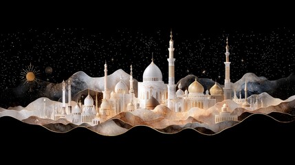 Illustration of a mosque silhouette against a black starry sky, with abstract mountain-like shapes in the foreground.