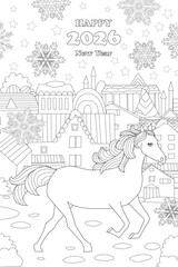 coloring book page for adults and children snowing cityscape with a cute happy racehorse. horse sign of chinese new year 2026