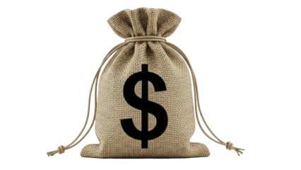 Festive burlap money bag with dollar sign symbol for Christmas gifts and holiday financial planning on transparent background, PNG image