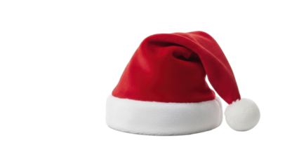 Classic red Santa hat with white fur trim and pompom on a transparent background PNG image