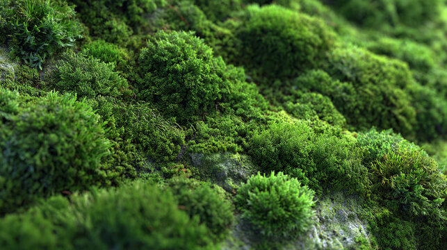 A close-up shot of vibrant green moss growing densely. The textured surface shows intricate details