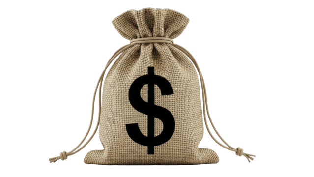 Festive burlap money bag with dollar sign symbol for Christmas gifts and holiday financial planning on transparent background, PNG image