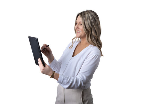 Businesswoman smiling using digital tablet with stylus - Powered by Adobe