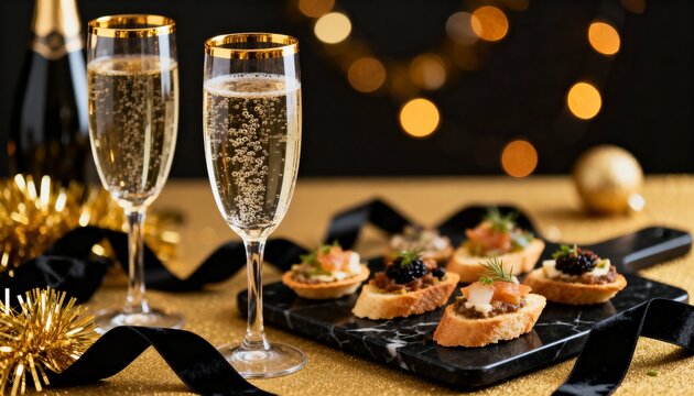 Elegant New Year's Eve or holiday party setting with champagne flutes, gourmet canapés, and festive gold and black decorations with bokeh lights.
