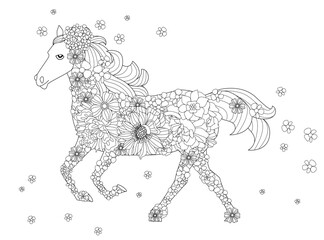 coloring book page for adults and children a racehorse in flowers. horse sign of chinese new year 2026