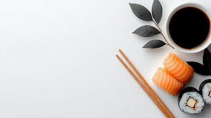 Overhead shot of sushi, soy sauce, and chopsticks arranged on a white surface. Includes salmon nigiri and maki rolls.