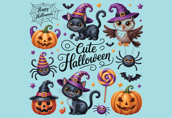 Cute Halloween illustration, black cats, pumpkins, bats, spiders, festive design, witch hats, candy, playful style, flat vector illustration