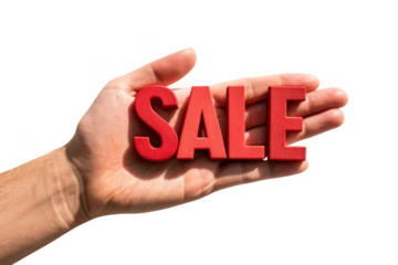 Red sale letters held in a hand isolated on transparent background