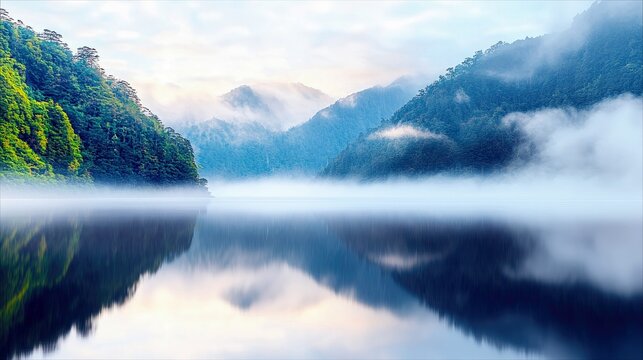 A scenic landscape featuring mountains, a lake, and fog. The mountains are covered in lush green trees, and their reflection is visible in the calm water. Fog a