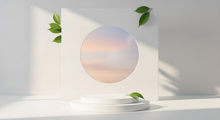 Product Display Podium White Green Leaves Pastel Sky Copy Space