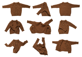 Brown knitted wool sweater, cardigan with buttons isolated on transparent background. With clipping path. Cut-out clothing item for design, advertising, mockup. Warm children's pullover, png object