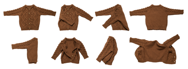 Brown knitted wool sweater, cardigan with buttons isolated on transparent background. With clipping path. Cut-out clothing item for design, advertising, mockup. Warm children's pullover, png object