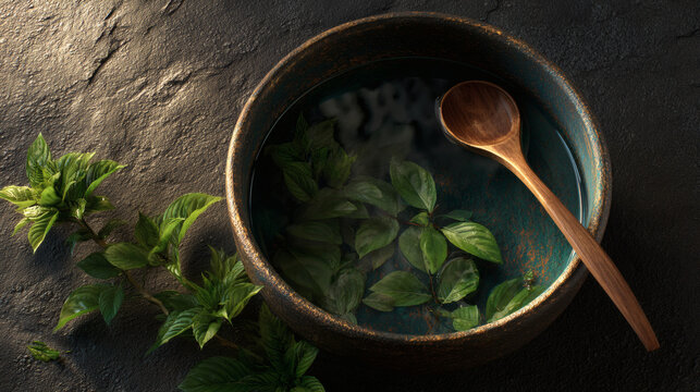 Serene bowl of herbal infusion with fresh mint and wooden spoon, bathed in soft light.
